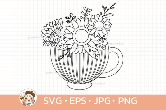 Bouquet Sunflower in Cup Outline: Graphics & Illustrations Review