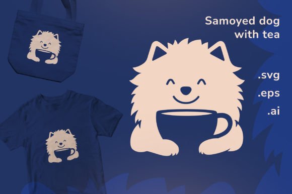 Samoyed Dog with Tea Cup Svg for T-Shirt Graphics